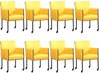Set van 8 Gele leren moderne kuipstoel More - poot rond zwart met wiel - Toledo Leer Giallo (geel leer)