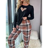 Dames Pyjama Sets Hart Raster / Plaid Modieus Comfortabel Huis Dagelijks Bed Polyester Ademend Strakke ronde hals Lange mouw T-shirt Pantalon Elastische taille Herfst Winter Zwart Lightinthebox - thumbnail