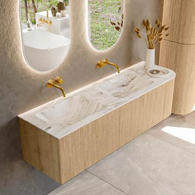 Mondiaz KURVE-DLUX 155 cm Onderkast Greeploos 2 Lades Met Deuren Oak, Wastafel Solid Surface Links Glace 0 Kraangaten Zonder Spiegel (KRVLEA155R2L1D0KD-Oak/Gla)