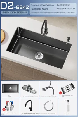 Luxe Waterval Keukenspoelbak - Zwart RVS | Enkelbak | Onderbouw | Inclusief Kraan & Zeepdispenser