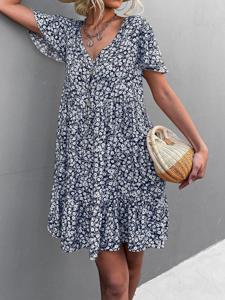 Casual Regular Fit V Neck Small Floral Dress With No