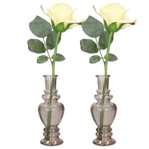 Bloemenvaas Venice - 2x - kleine stelen/boeketten - gekleurd glas - ribbel grijs smoke - D5,7 x H15