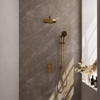 BRAUER Stripe Thermostatische Inbouw Regendouche - 3-weg - rechthoekig - SET 22 - 25cm douchekop - rechte muurarm - 3-standen handdouche - doucheslang - geïntegreerde glijstang - goud geborsteld PVD 5-GG-407