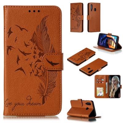 Feather patroon Litchi textuur horizontale Flip lederen draagtas met portemonnee & houder & kaartsleuven voor Galaxy A60 (bruin)