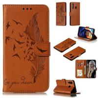Feather patroon Litchi textuur horizontale Flip lederen draagtas met portemonnee & houder & kaartsleuven voor Galaxy A60 (bruin)