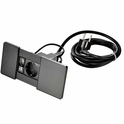 Kopp Buro stopcontact inbouw zwart met 2 USB aansluitingen 2A aansluitsnoer 2 meter met stekker