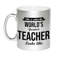 Worlds Greatest Teacher cadeau mok / beker voor juf / meester zilverglanzend 330 ml   - - thumbnail