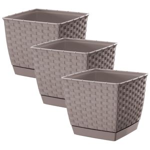 Set van 3x stuks plantenpotten/bloempotten rotan kunststof 22 x 22 cm en hoogte 19 cm taupe/beige