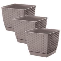 Set van 3x stuks plantenpotten/bloempotten rotan kunststof 22 x 22 cm en hoogte 19 cm taupe/beige