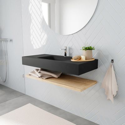 Mondiaz Alan badmeubel 100 cm planchet washed oak vrijhangend wastafel midden 1 kraangat zwart