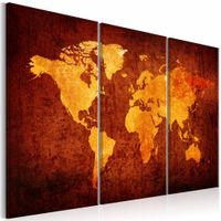 Schilderij - Oranje Wereld - Wereldkaart , 3 luik - thumbnail