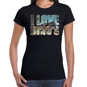 Tekst t-shirt I love dinosaurs met dieren foto van een dino zwart voor dames