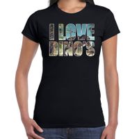 Tekst t-shirt I love dinosaurs met dieren foto van een dino zwart voor dames - thumbnail