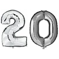 20 jaar zilveren folie ballonnen 88 cm leeftijd/cijfer   -