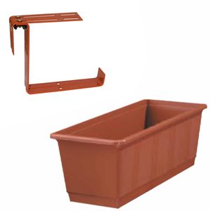 Kunststof plantenbak terracotta rechthoekig 40 cm met 2 verstelbare railing balkonbeugels