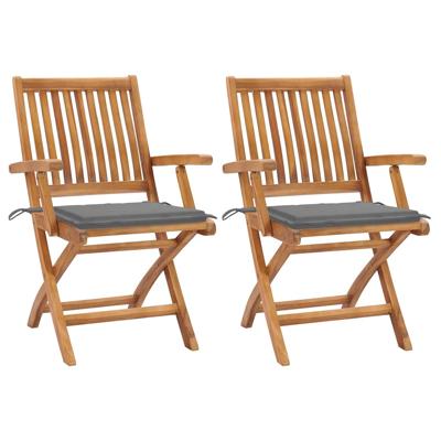 Tuinstoelen 2 st met grijze kussens massief teakhout