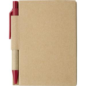 Notitie boekje/blok met balpen - harde kaft - beige/rood - 11 x 8 cm - 80 bladzijden gelinieerd   -