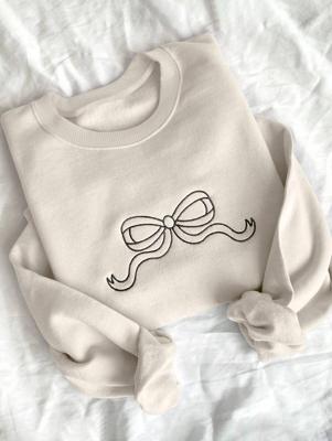 Women's Pink Bow Embroidery Round Neck Loose Casual Sweatshirt Beige / L