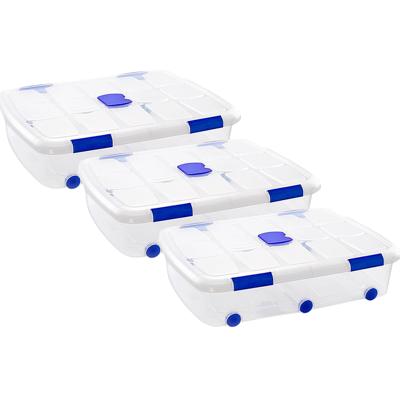 Plasticforte Opslagbak/box met deksel - 3x - 56L - 80 x 60 x 18 cm - transparant - met wielen