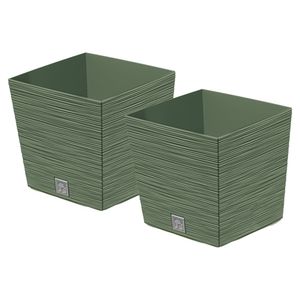 Plantenpot/bloempot Furu Stripes - 2x - voor buiten - kunststof - bosgroen - vierkant - D29.5 x H29