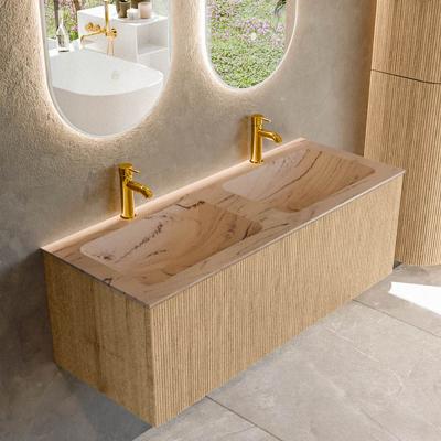 Badmeubel Mondiaz Kurve-Dlux | 120 cm | Meubelkleur Oak | Wastafelkleur Arena | Solid surface | Wasbak beide zijden spoelbak | 2 kraangaten