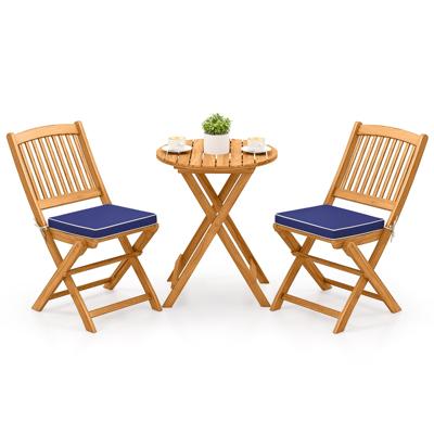 3 Stuks Buiten Vouwbare Bistro Set Tuinstoel en Tafel Set Acaciahout Frame met Gewatteerde Kussen/Ronde Tafel en 2 Stoelen voor Binnen