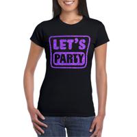 Verkleed T-shirt voor dames - lets party - zwart - glitter paars - carnaval/themafeest