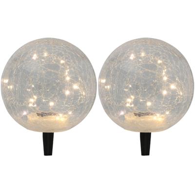 2x solar tuinlamp/prikspot glazen craquele bol op zonne-energie 20 cm
