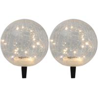2x solar tuinlamp/prikspot glazen craquele bol op zonne-energie 20 cm
