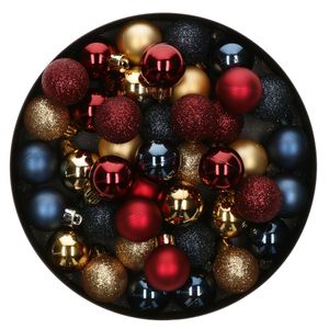 42x Stuks kunststof kerstballen mix donkerrood/goud/donkerblauw 3 cm