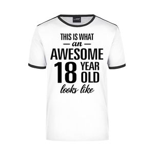 Awesome 18 year / 18 jaar wit/zwart ringer cadeau t-shirt voor heren