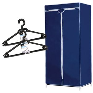 Set van mobiele opvouwbare kledingkast met blauwe hoes 160 cm en 20x plastic kledinghangers zwart