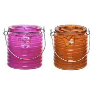 Citronella kaars - 2x - in windlicht - roze en oranje - 20 branduren - citrusgeur