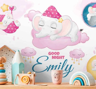 Fotobehang babykamer roze olifant met naam