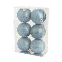 Kerstballen - 6x st - ijsblauw - glitters - D8 cm - kunststof - kerstversiering Kerstballen - 6x st - ijsblauw - glitters - D8 cm - kunststof - kerstversiering