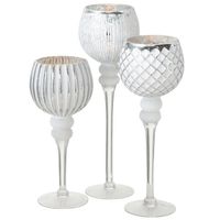 Luxe glazen design kaarsenhouders/windlichten set van 3x stuks zilver/wit transparant 30-40 cm   -