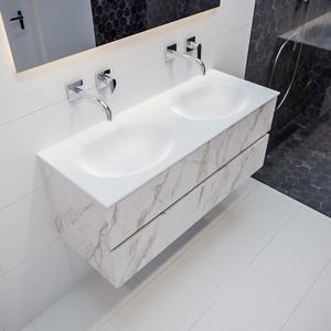 Mondiaz Vica Moon badmeubel wit carrara mat 120 cm 4 lades solid surface dubbele spoelbak zonder kraangat