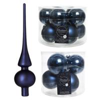 Glazen kerstballen pakket donkerblauw glans/mat 32x stuks inclusief piek mat - Kerstbal