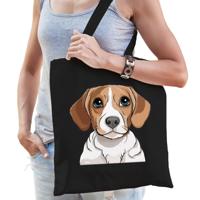 Cadeau tas voor hondenliefhebbers - zwart - Beagle hond - cartoon - katoen - 42 x 38 cm