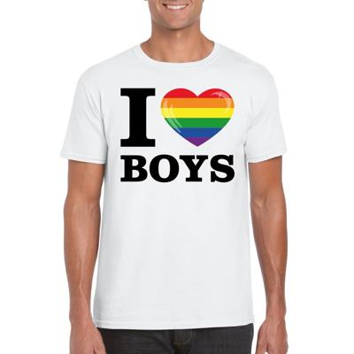 Gay Pride T-shirt heren - wit - I love boys - regenboog hartje - Gay pride thema - LHBTI