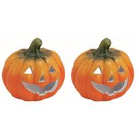 Halloween pompoen theelichthouder - Set van 4x stuks - klei - oranje - 14 x 13 cm - windlichten