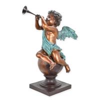 A BRONZE SCULPTURE CUPID SITTING ON A BALL PLAYING FLUTE A BRONZE SCULPTURE CUPID SITTING ON A BALL PLAYING FLUTE