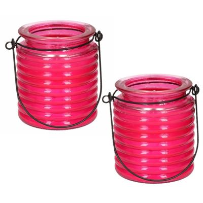 Citronellakaars - 2x - in roze geribbeld glas - 8 cm - insecten verjagen - buitenkaars