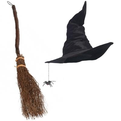 Smiffys Heksen verkleed set - voor dames - luxe heksenhoed - met bezem van 97 cm