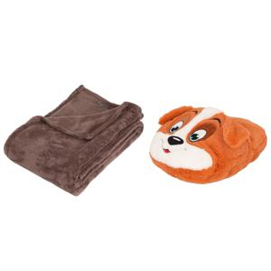 Fleece deken donkerbruin 125 x 150 cm met voetenwarmer slof Flapoor hond one size