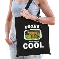 Katoenen tasje foxes are serious cool zwart - vossen/ bruine vos cadeau tas - thumbnail