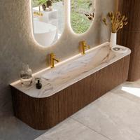 Badmeubel Mondiaz Kurve-Dlux | 170 cm | Meubelkleur Walnut | Wastafelkleur Nata | Solid surface | Wasbak midden spoelbak | 2 kraangaten