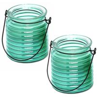 Citronellakaars - 2x - in blauw geribbeld glas - 8 cm - insecten verjagen - buitenkaars