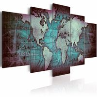 Schilderij - Saffieren  Map - Wereldkaart , turquoise blauw , 5 luik