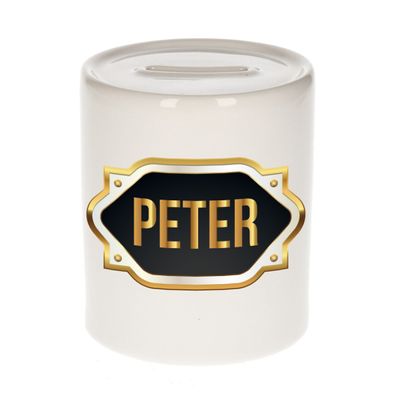 Naam cadeau spaarpot Peter met gouden embleem